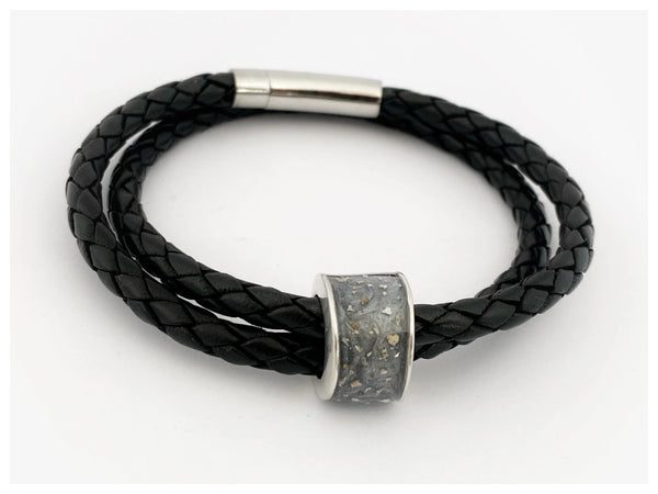 “Mark” Men’s Double Wrap Memorial Bracelet with Personalised Channel Bead (Black Leather)
